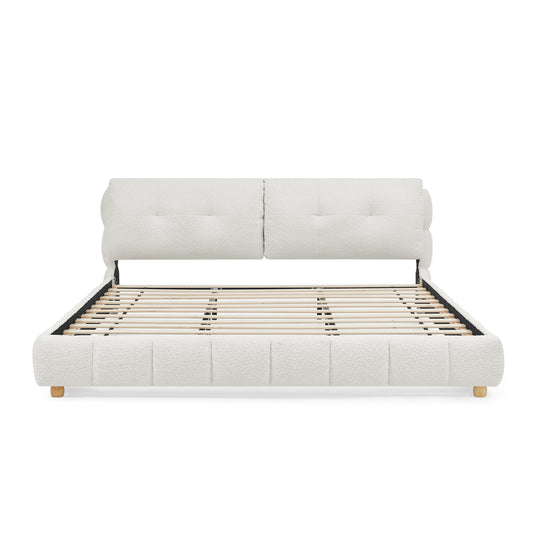 King Cream Style Bouclé Fabric Platform Bed with Solid Wood Legs, No Box Spring Needed, Beige Upholstered Frame  W1413S00184