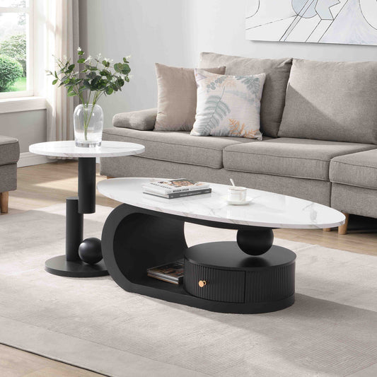 Modern Nesting Coffee Table Set of 2 End Table for Living Room, Oval and Round Table Set W821S00004