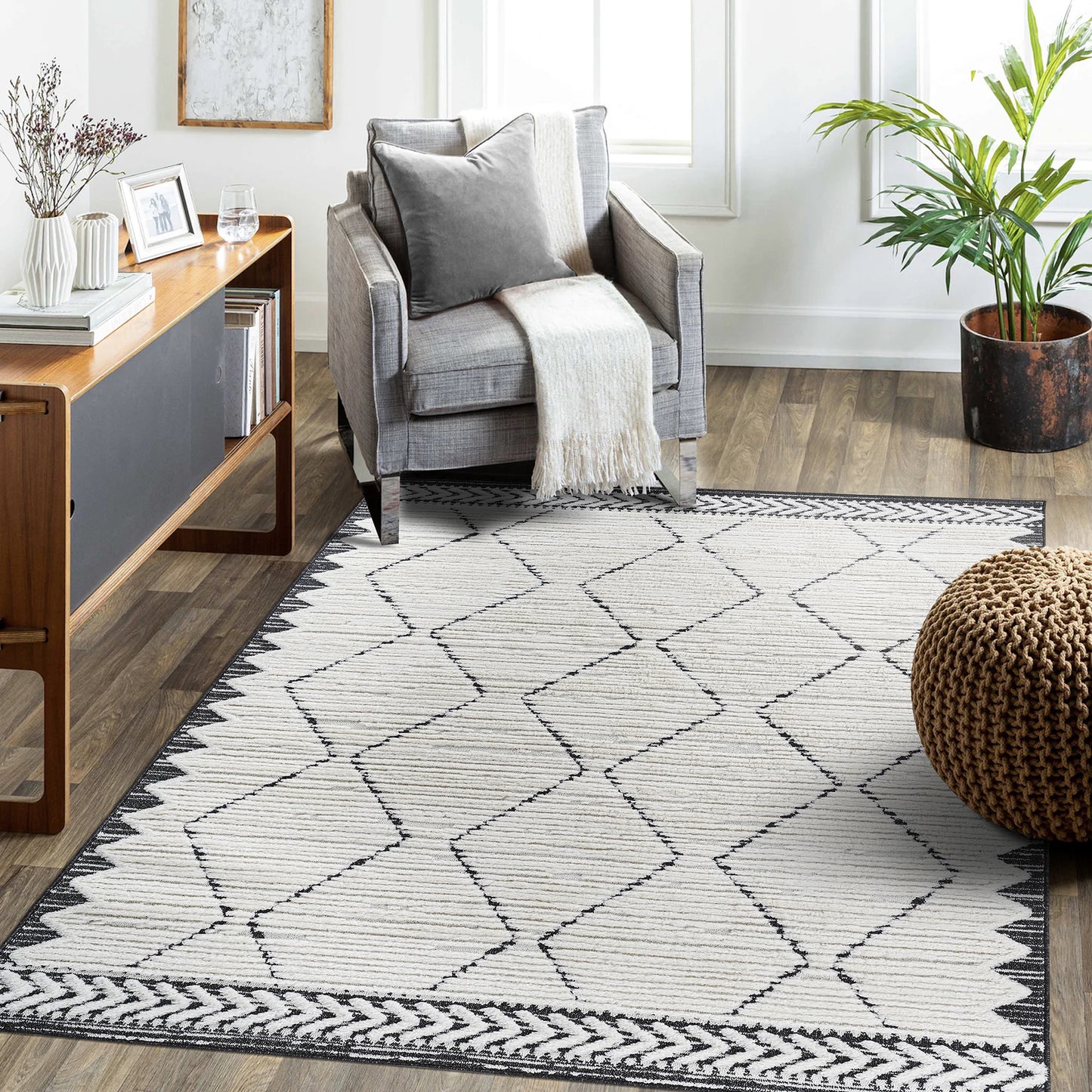 Step Collection High-Low Trellis Cream/Anthracite Indoor Area Rug, 6'7''x9', Modern, Contemporary, Geometric, Bohemian, Bedroom, Kitchen, Living Room, Non Shedding Carpet  B189P448812