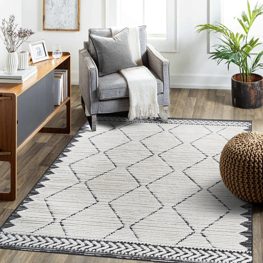 Step Collection High-Low Trellis Cream/Anthracite Indoor Area Rug, 6'7''x9', Modern, Contemporary, Geometric, Bohemian, Bedroom, Kitchen, Living Room, Non Shedding Carpet  B189P448812