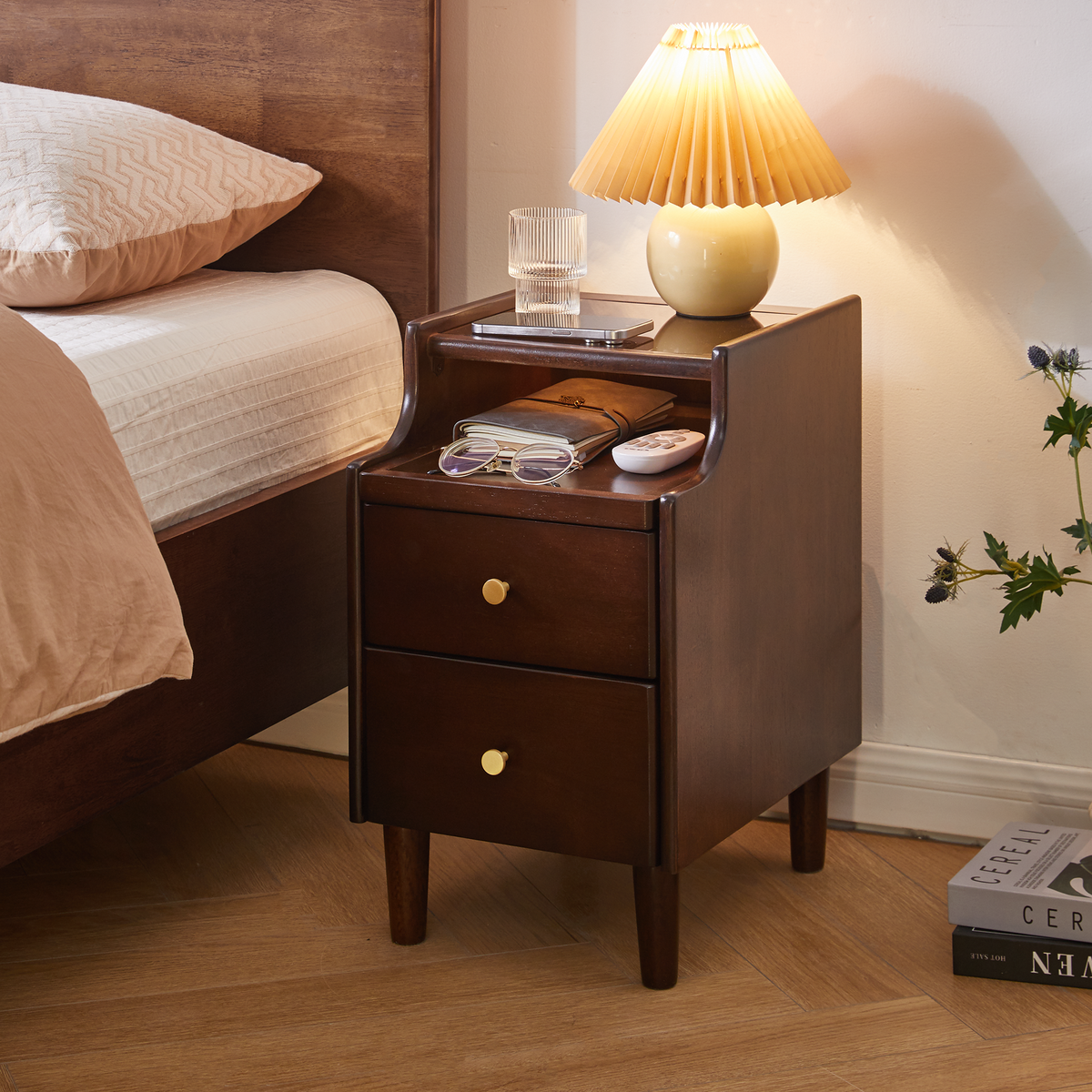 Solid Wood Nightstand with Two Drawers and Pull-out Panel Storage Bedside Table and Sofa Side Table  W5368P497697