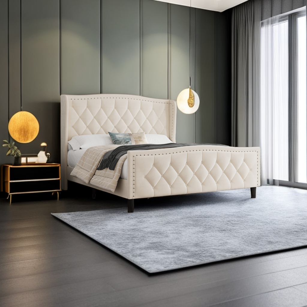 Queen Size Bed Frame, Modern Upholstered Platform Bed with Wingback Headboard, Velvet Bed Frame with Wood Slat Support, Easy Assembly, No Box Spring Needed(White, Queen)  W1303128208