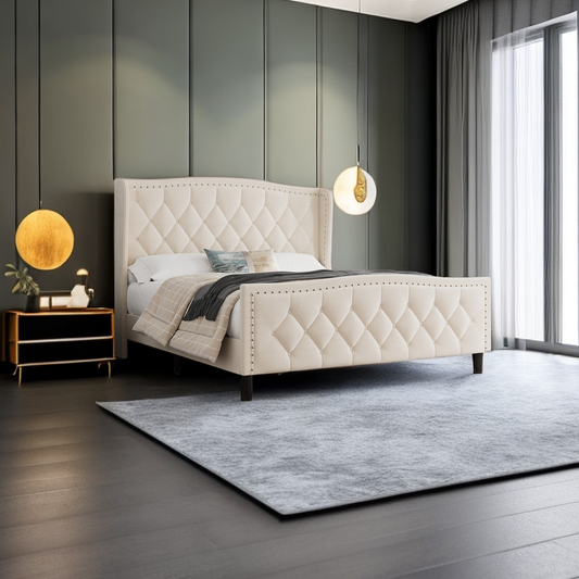 Queen Size Bed Frame, Modern Upholstered Platform Bed with Wingback Headboard, Velvet Bed Frame with Wood Slat Support, Easy Assembly, No Box Spring Needed(White, Queen)  W1303128208