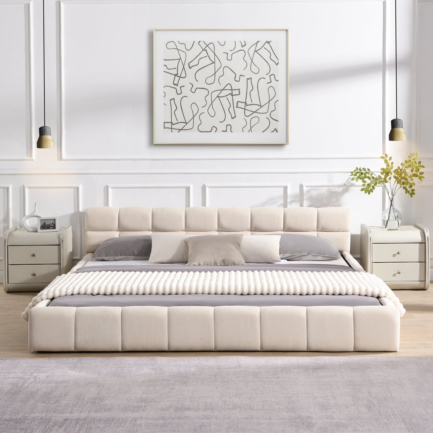 Elegant Beige Chenille Upholstered Bed with Checkerboard Design, King, Beige  N769P264802A