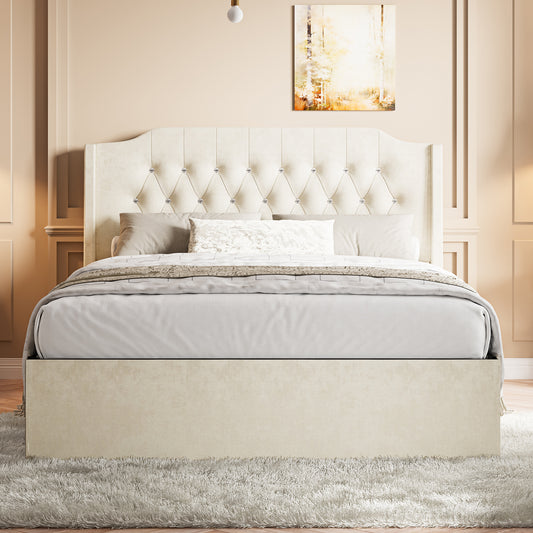 Queen Size Tufted Upholstered Bed Frame with Crystal Button Accents, Bed Frame with Wingback Headboard and Under-Bed Storage Space, No Box Spring Needed,Beige  N733P243909A