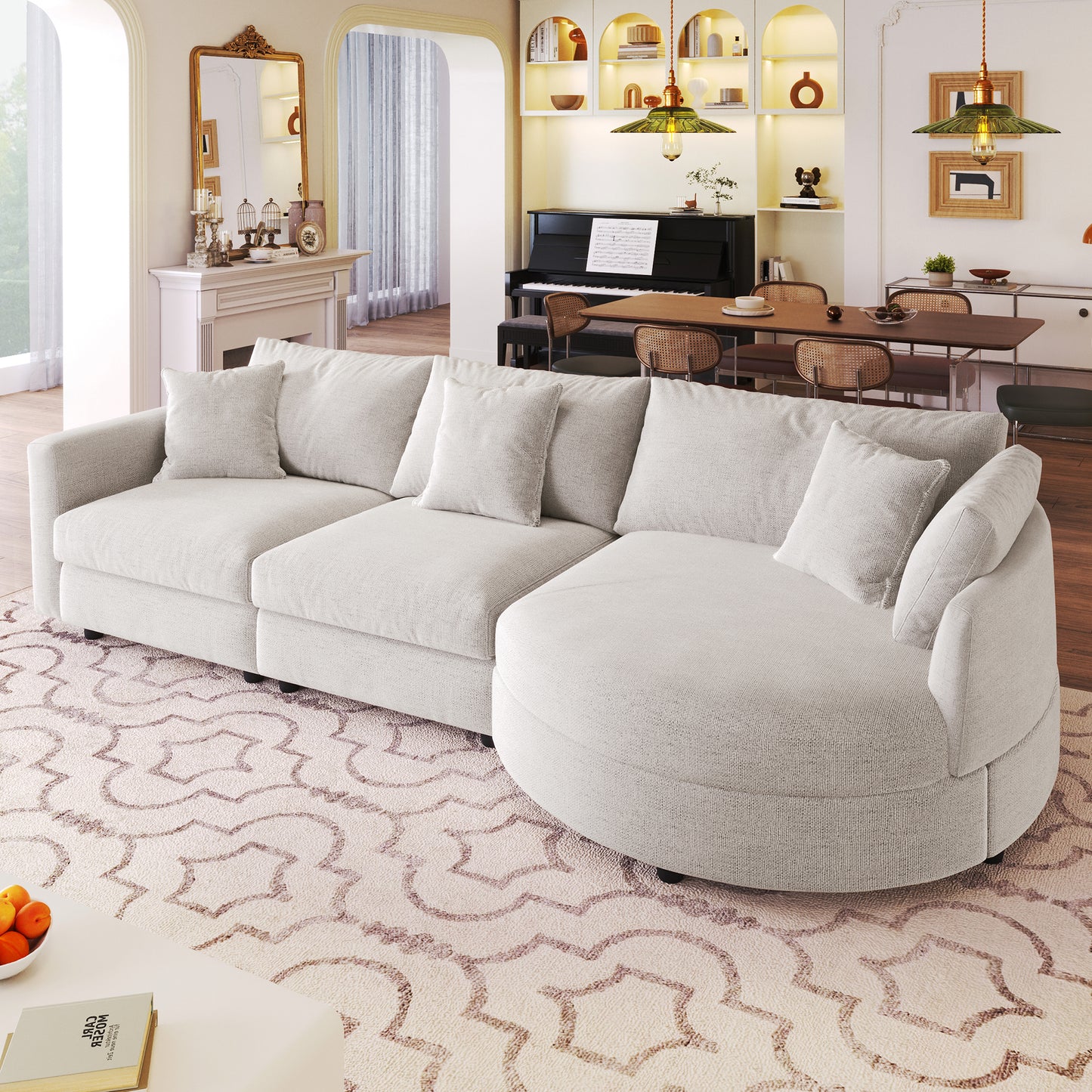 U_Style 107' Chenille Fabric 3-Piece Sectional Sofa with Curved Chaise and 3 Throw Pillows – Perfect for Living Rooms, Offices, and Apartments  WY000461AAA