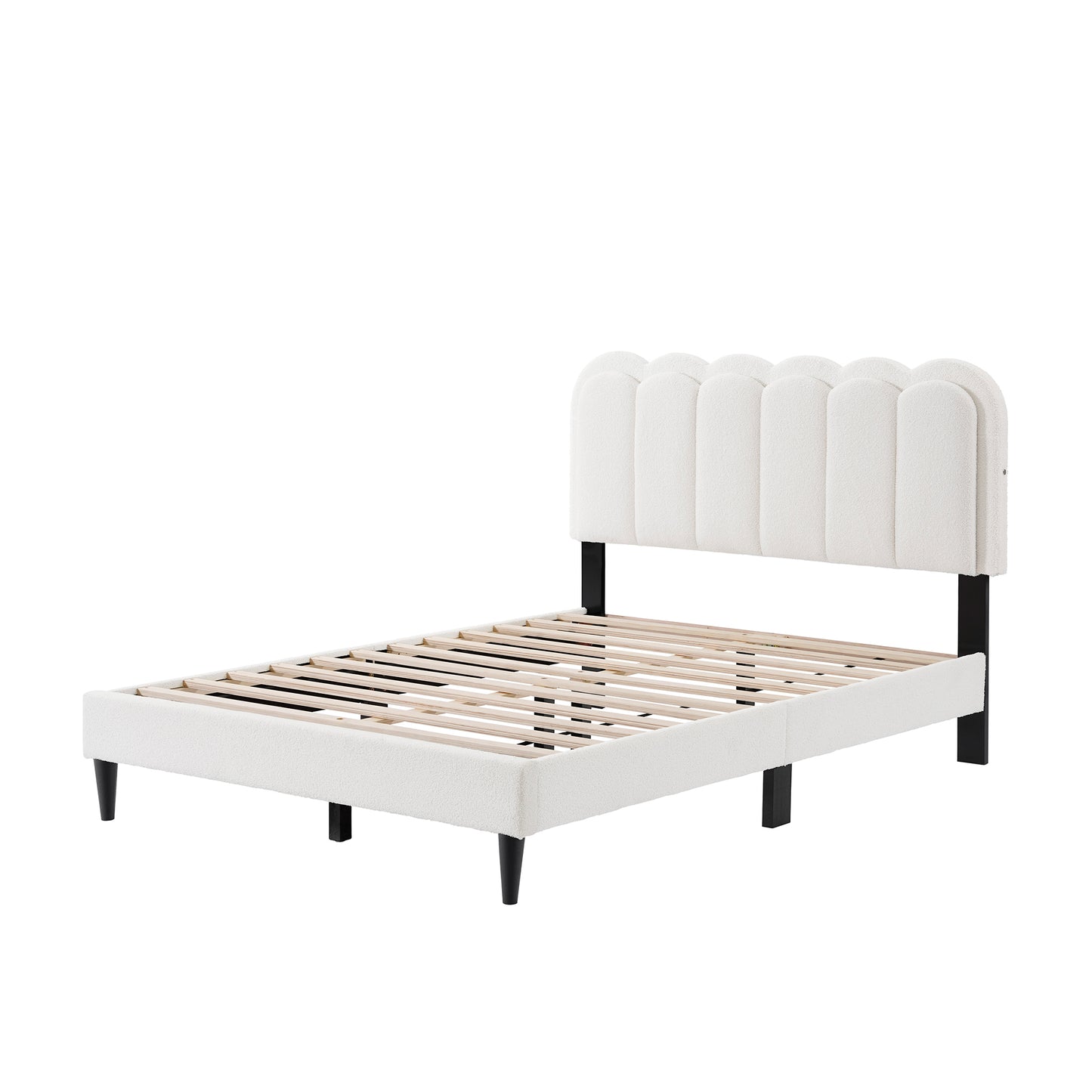 Cream Style Lambswool Petal Headboard Bed Frame with Ambient Light, Full - White MDF+LVL & Rubber Wood  N769P272029W