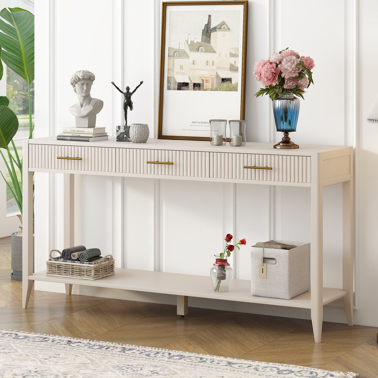 U_STYLE 60' Painted Console Table with 3 Drawers,Wooden Entryway Table with Storage Shelf, Farmhouse Sofa Table for Living Room, Hallway,Entryway, Foyer, Corridor(Beige) N711P190531K