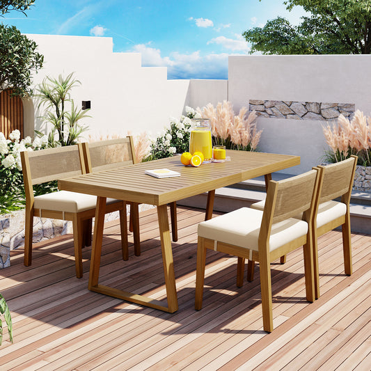 U_Style Multi-person Outdoor Acacia Wood Dining Table and Chair Set, Thick Cushions, Suitable for Balcony, Vourtyard, and Garden. WY000393AAA