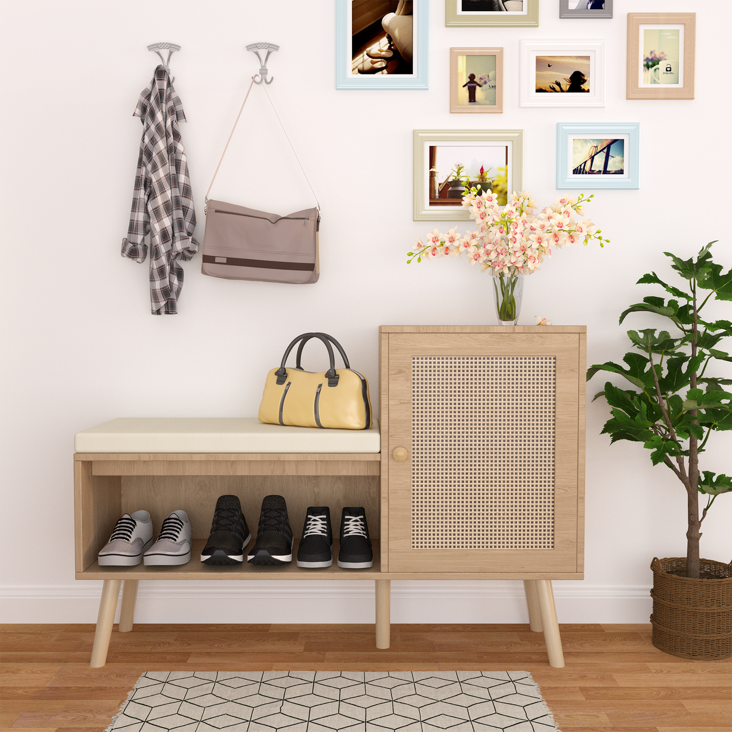 2-in-1 Shoe Storage Bench, Natural Rattan Shoe Cabinet with 2 Adjustable Shelves and Removable Seat Cushion, Modern Entryway Bench, Shoe Storage Organizer, Shoe Rack for Hallway, Bedroom  W808P212813