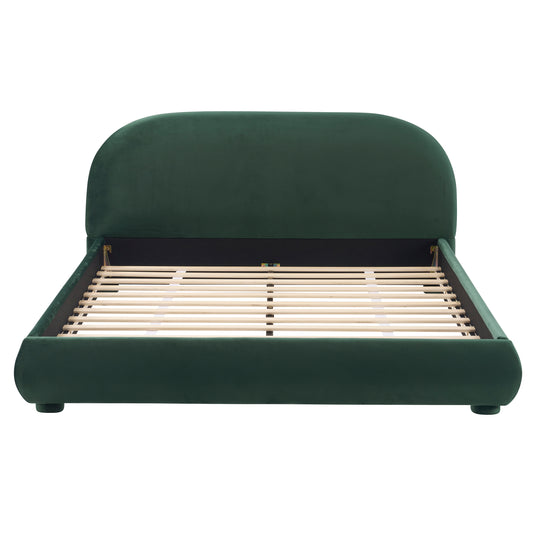 Dark Green Velvet Soft Bed with Curved Headboard, Light Luxury Texture in Green Fabric, Foam and Wood Frame, Queen Size  N769Q347972G