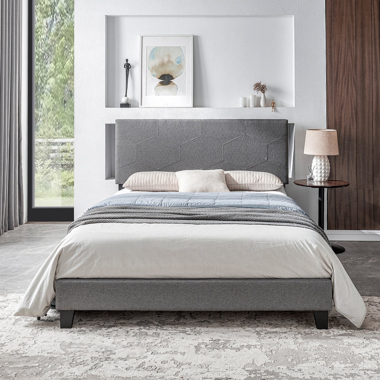 Queen Size Upholstered Platform Bed Frame ,Wood Slat Support, Easy Assembly,Grey  W311110547