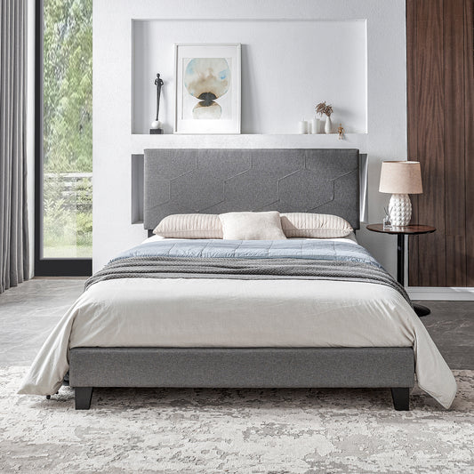 Queen Size Upholstered Platform Bed Frame ,Wood Slat Support, Easy Assembly,Grey  W311110547