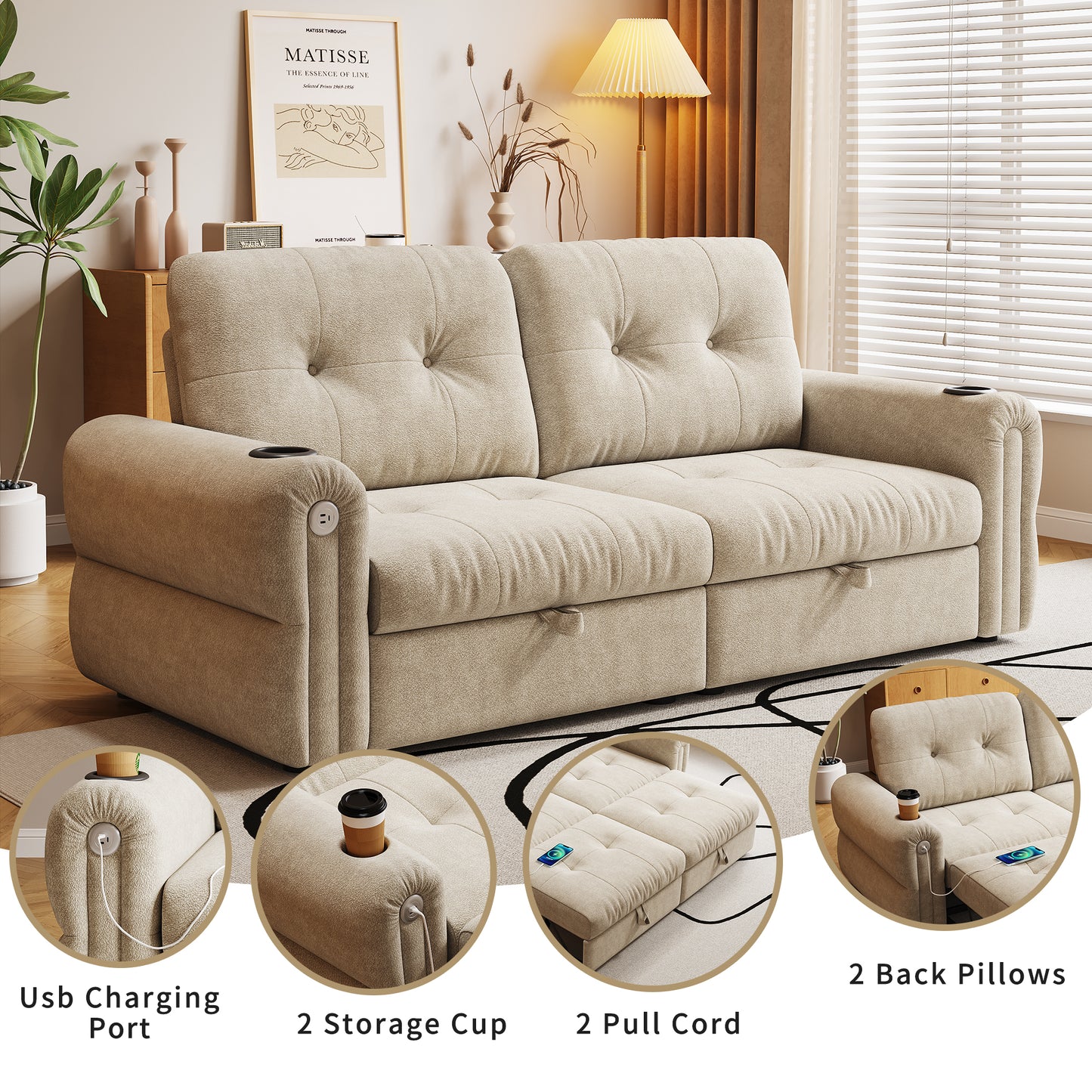 It is a multi-functional sofa, a 77-inch convertible sofa bed, and a 2-in-1 piece suitable for both sitting and lying down. Made of  Sheneyron fabric, it is suitable for living rooms, bedrooms  W3820S00018