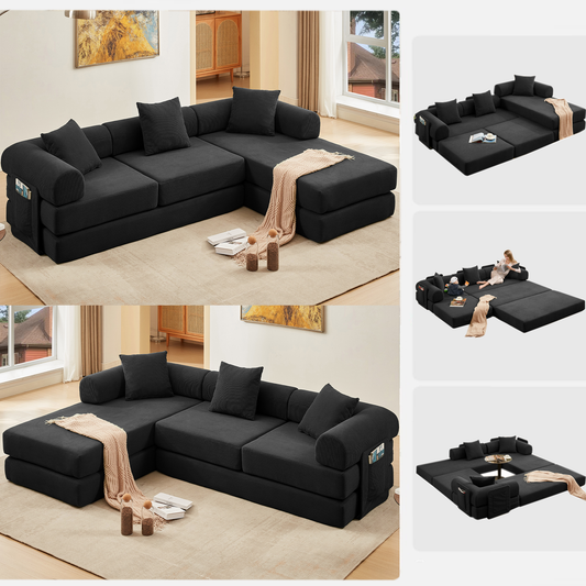 [NEW ARRIVED] [VIDEO PROVIDED] 107'' Cloud sofas, L-Shaped, 6-in-1 Corduroy Modular Sectional Sofa,Upholstered , No Assembly , DIY ,Folding Convertible Out Sofa Bed,Side Pocket,4-Seat,Oversized,Black W1628S00014