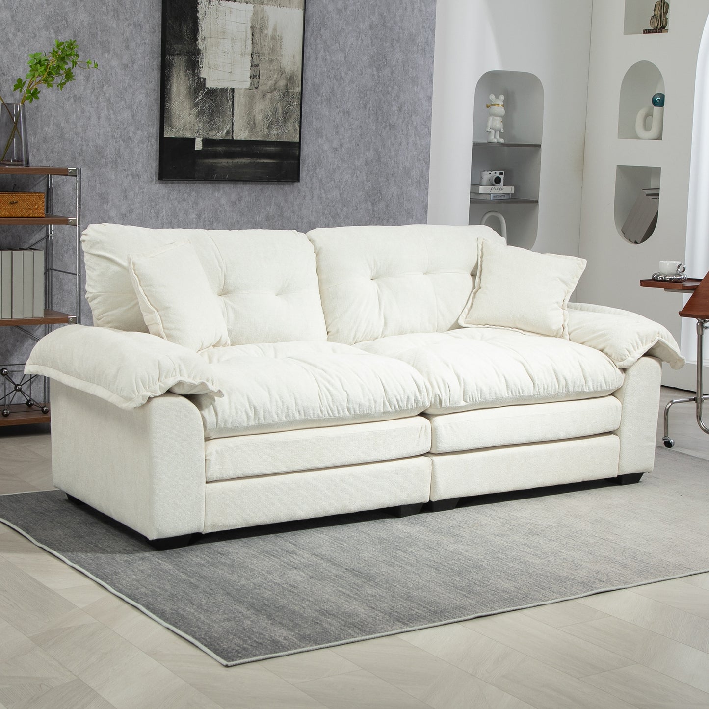 84' Chenille Sofa Small Sofa Loveseat Deep Seat Sofa Couch with 2 Throw Pillows & Memory Foam for Living Room Apartment Office Lounge-Beige  W676S00011