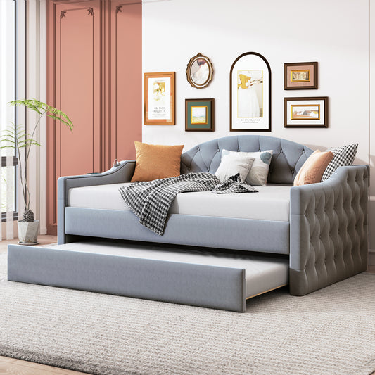 Twin Size Tufted Upholstered Daybed with Trundle ,Velvet Sofabed with USB&Type-C Charging Ports,No Box-spring Needed, Gray  HL000088AAE