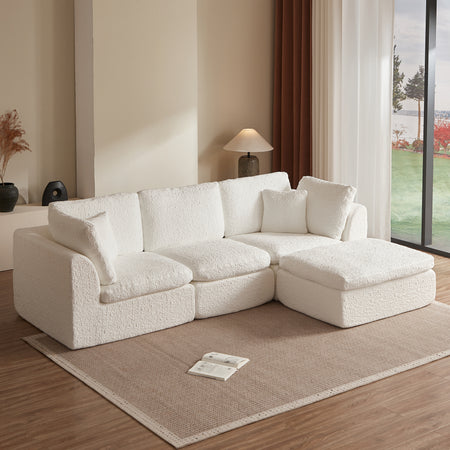 110' Cloud Sectional Couches for Living Room, Convertible L-Shape Couch with Ottoman, 3 Seater Modular Sectional Sofa, Warm White W1359S00017