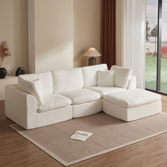 110' Cloud Sectional Couches for Living Room, Convertible L-Shape Couch with Ottoman, 3 Seater Modular Sectional Sofa, Warm White W1359S00017