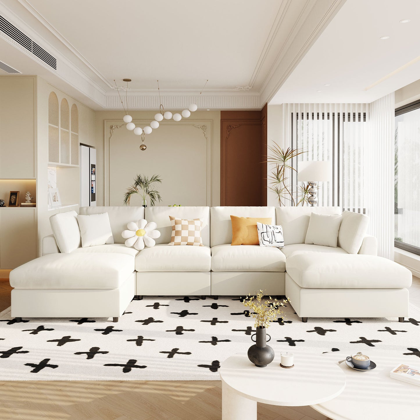 U_STYLE 128' Large U-Shaped Sectional Sofa with 2 Movable Ottomans, Chenille Fabric, Modular Design for Living Room, Home Theater, Spacious Space  WY000474AAA