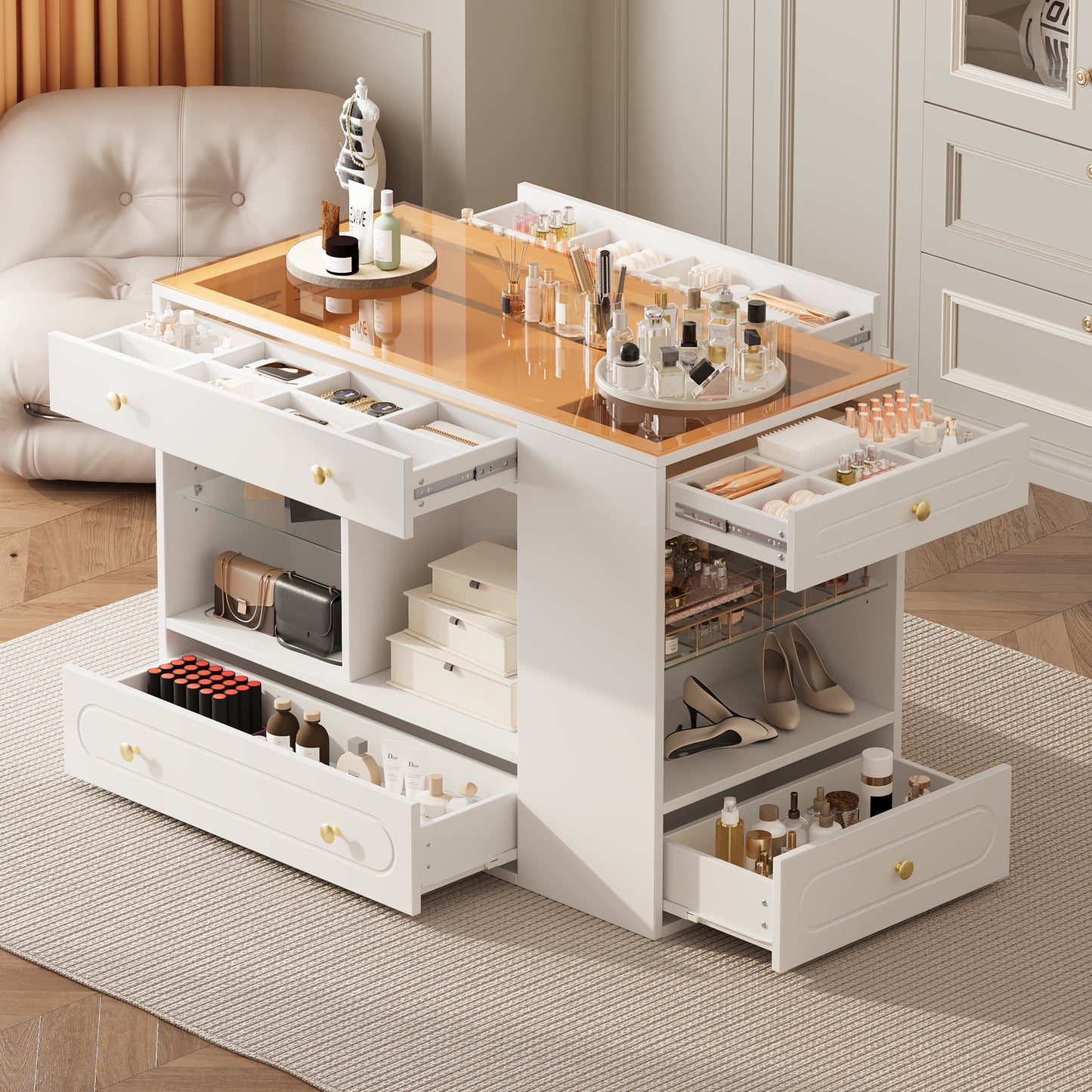 Closet Island with 6 Drawers, Wardrobe Armoire Bedroom Island with Glass Display Top and Open Shelves, Jewelry Storage Vanity Island with compartments, Walk-in Closet Island for Cloakroom, White N733S304513K