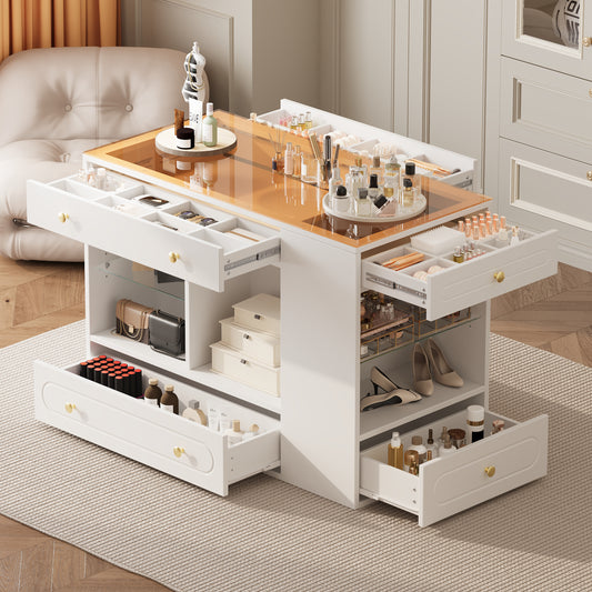 Closet Island with 6 Drawers, Wardrobe Armoire Bedroom Island with Glass Display Top and Open Shelves, Jewelry Storage Vanity Island with compartments, Walk-in Closet Island for Cloakroom, White N733S304513K
