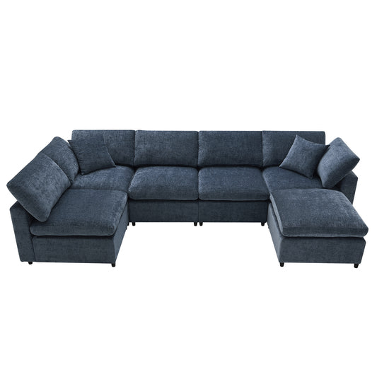 Modern Modular Cloud Sofa Bed, 6 Seat Chenille Sectional Couch Set with Ottoman, Convertible U Shaped Sleeper Sofa N723S9583K