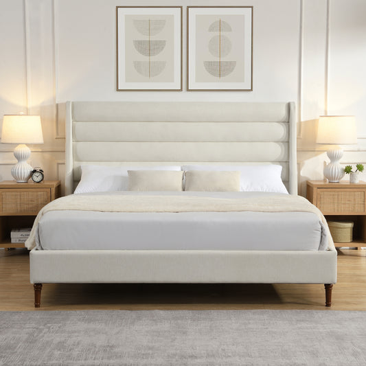 King Size Bed Frame High Headboard Upholstered Platform Bed with Wave - Shaped Headboard, Premium Chenille Fabric, Modern Minimalist Platform Bed No Box Spring Needed, Easy Assembly, Ivory W1716P362410