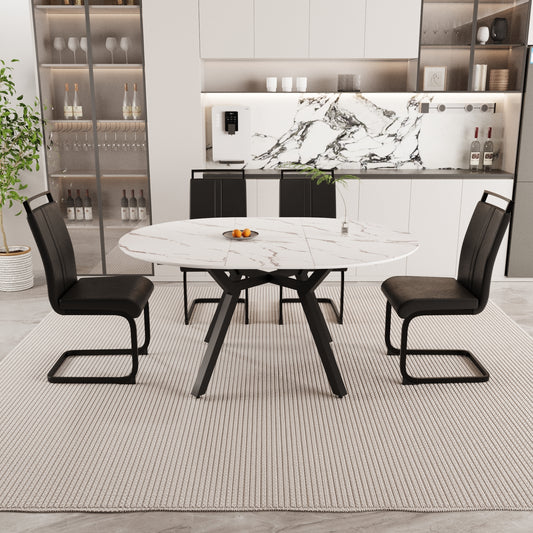 47-63' expandable circular dining table set for 4-6 people, equipped with 4 C-shaped tubular cushioned armless dining chair and an spacious dining table kitchen table and chair set, with metal legs W2189S00276