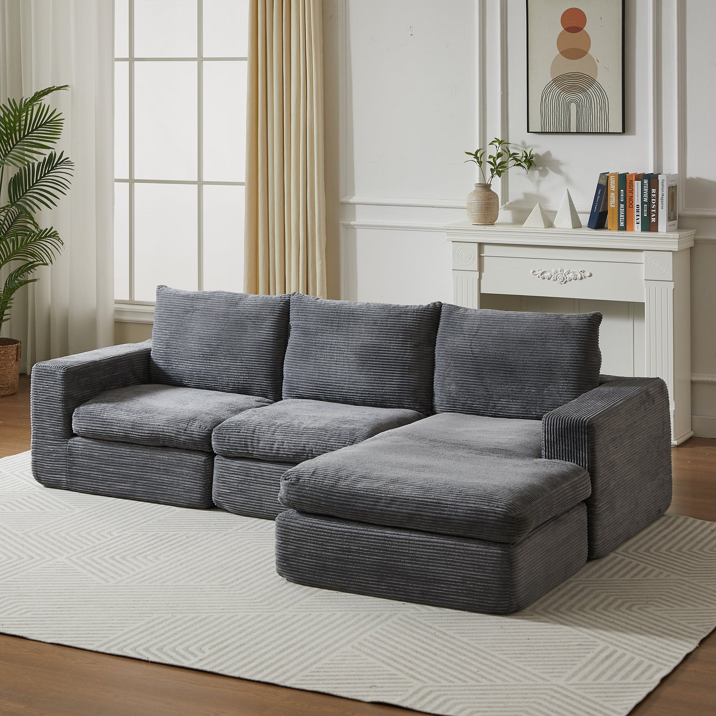 99-Inch Boneless Couch with Chaise, L-Shaped Modern Upholstered Sectional Sofa with Three pillows, Corduroy Sectional Sofa for Living Room and Bedroom, No Assembly Required  W834S00491