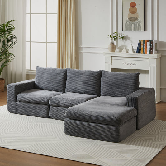 99-Inch Boneless Couch with Chaise, L-Shaped Modern Upholstered Sectional Sofa with Three pillows, Corduroy Sectional Sofa for Living Room and Bedroom, No Assembly Required  W834S00491