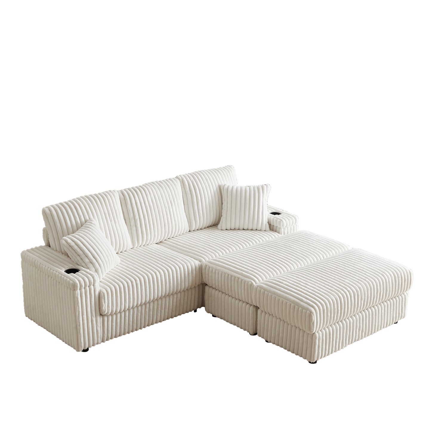 Beige Corduroy 3-Seater Sofa with 3 Back Pillows, 2 Toss Pillows, 2 Ottoman, 2 Footstools, Storage & Cup Holders – Deep Seat Living Room Couch  W834S00565
