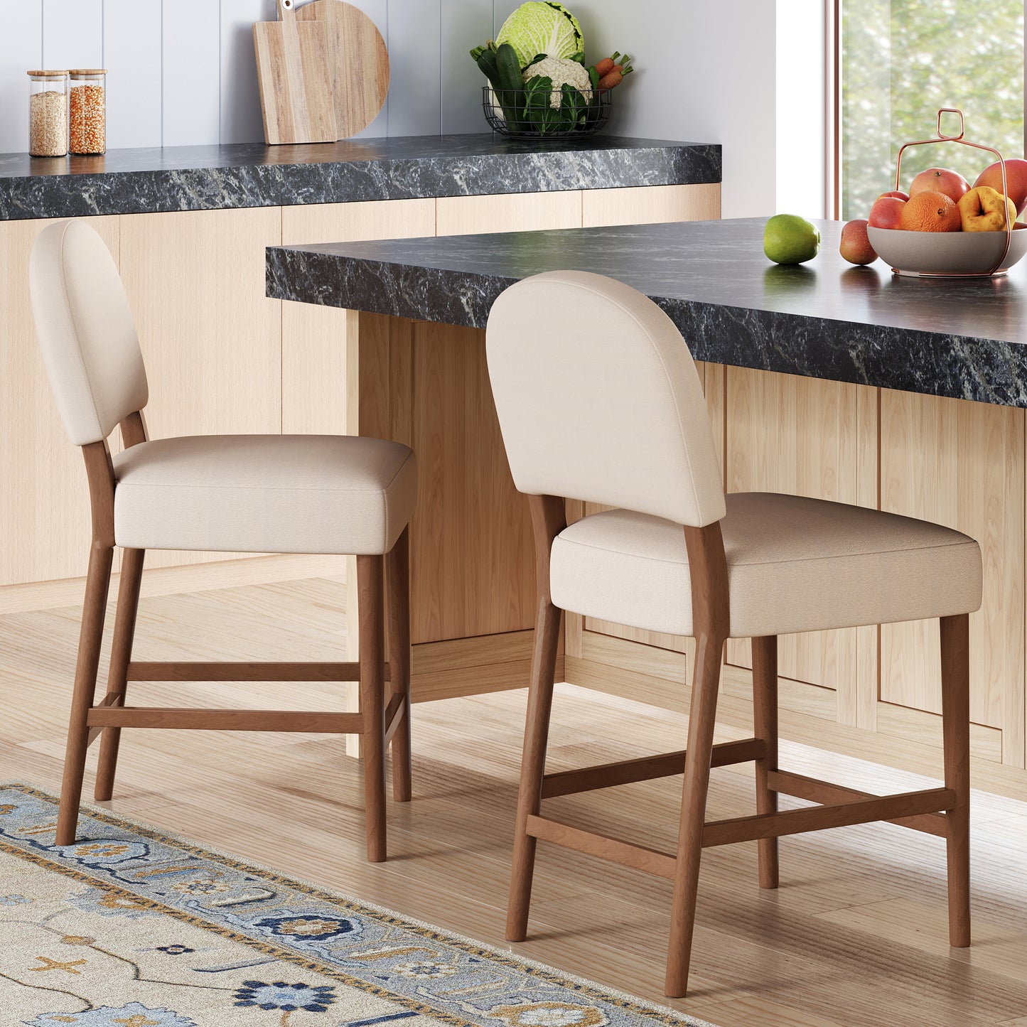 26'' Seat Height Fabric & Rubberwood Bar Stool, Beige Upholstery with Adjustable Floor Leveler, Spacious Seat for Kitchen Island(Beige,set of 2)  N780P394271B