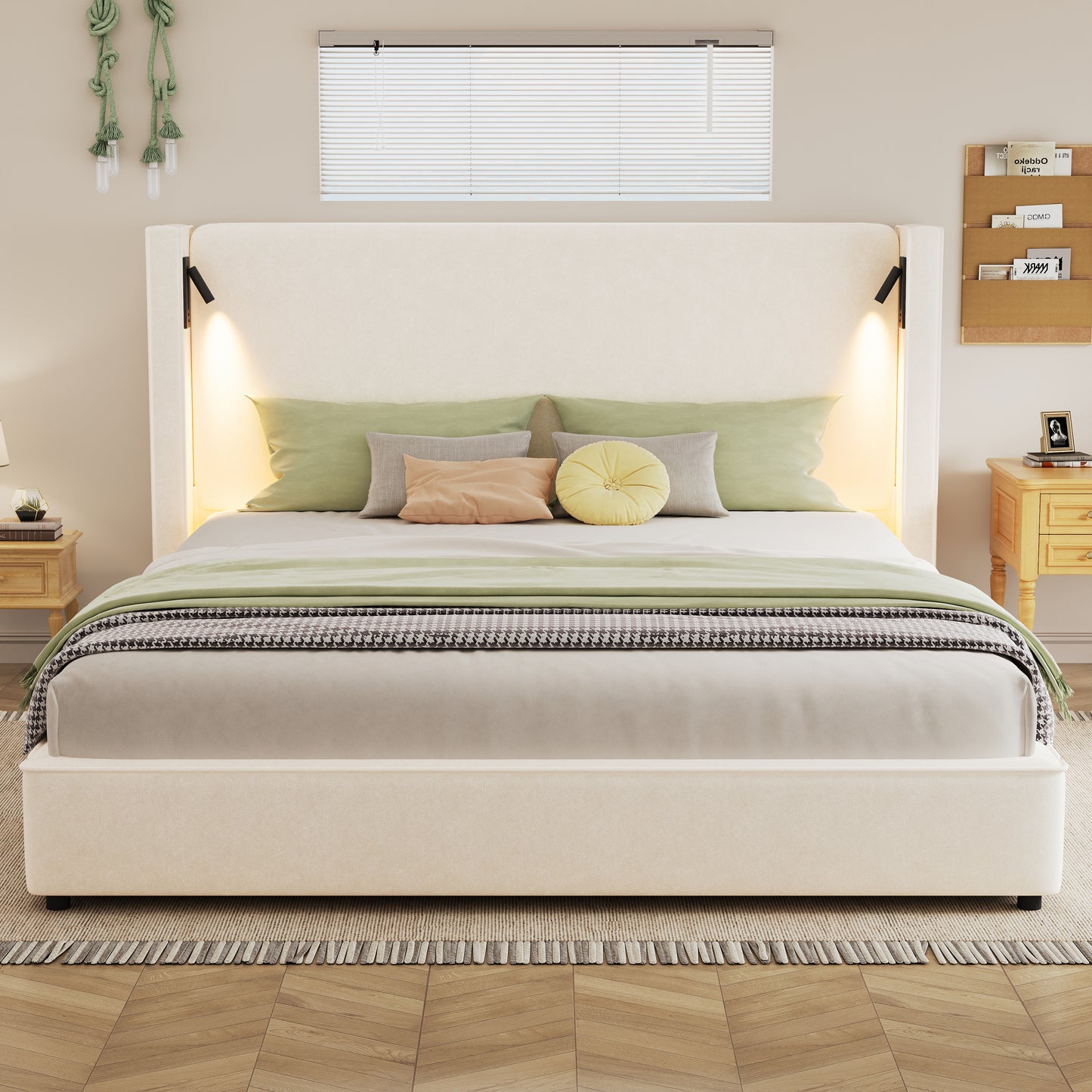 King Size Upholstered Bed Frame with High Wingback Headboard,Reading Lamp and USB port,Beige  N757P235229B