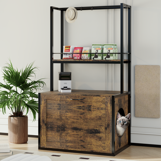 55'Refined Litter Box Enclosure with Storage Shelves and 2 Hanging Clothes Rack, 4-in-1 Hidden Cat Litter Box Enclosure Furniture with Shelf, Reversible Entrance,Rustic Brown  W2887P239355
