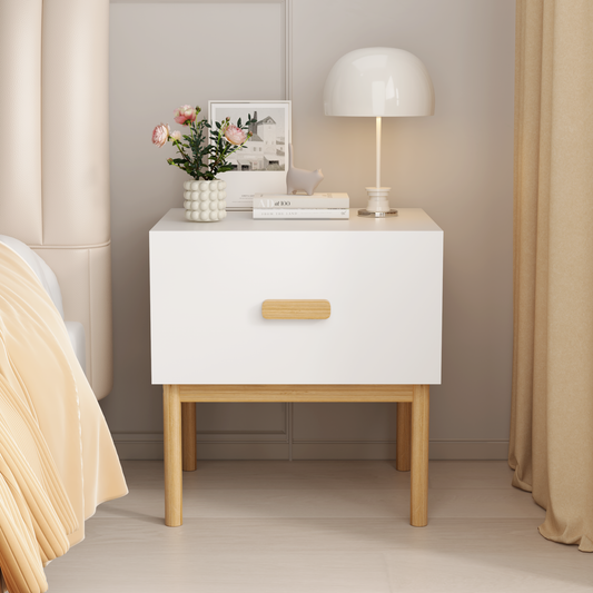 Modern White Nightstand with Drawer and Wood Legs, Minimalist Bedside Table with Handle for Bedroom, Living Room, Apartment W808P298015