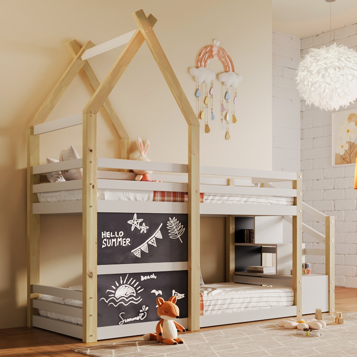 Twin over Twin House Bunk Bed with White Storage Staircase and 2 Blackboards, White and Natural  AA20498687W