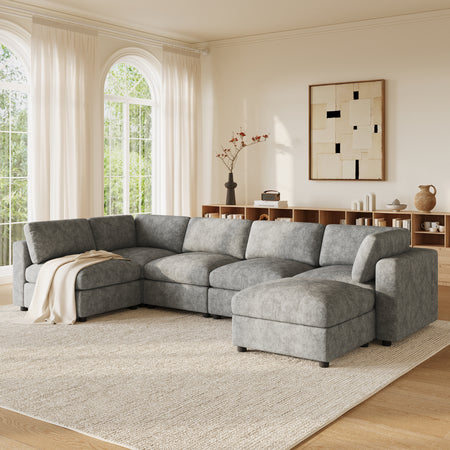 129' Modular Sectional Sofa, 6 Seat Cloud Sofa Bed with High Density Foam, U-Shaped Chenille Couch Set with Ottoman, Free Combination, Convertible Sleeper Sofa for Living Room, Apartment  N723S9792G