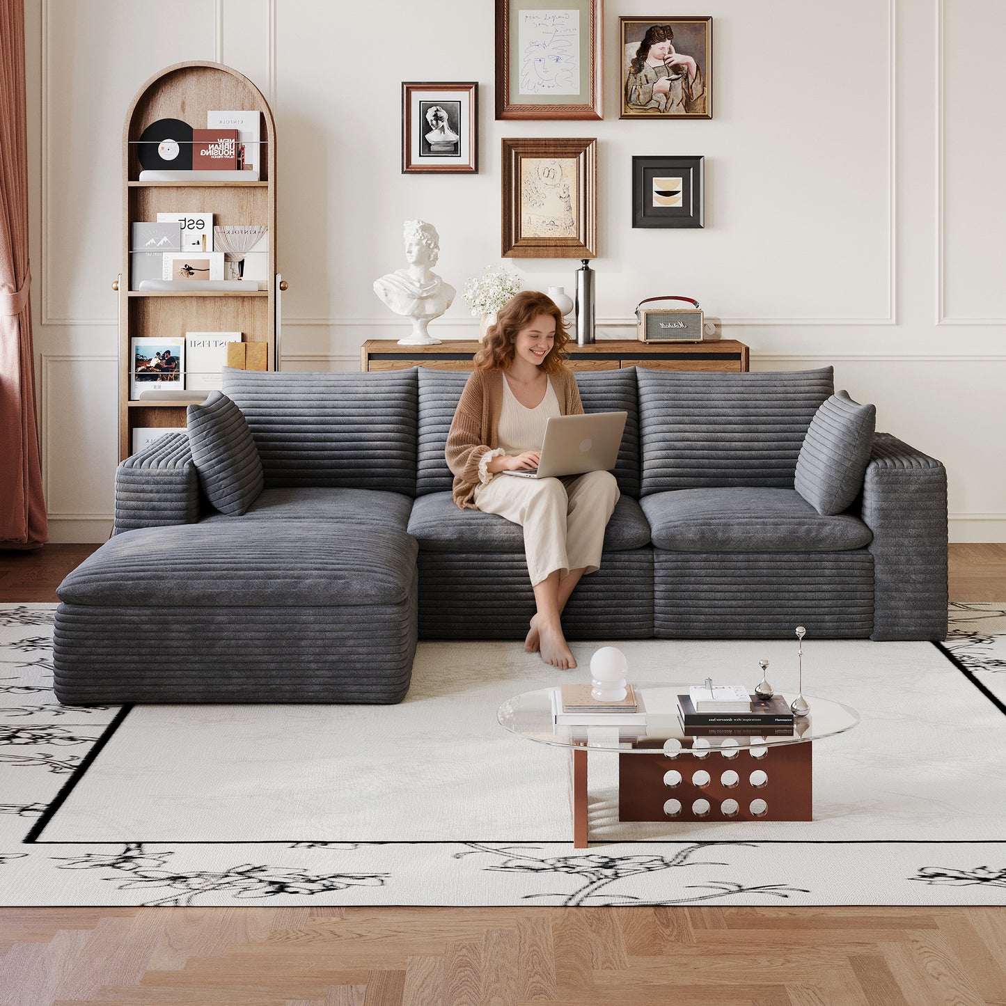 102' Cloud Sofa,Corduroy Fabric,Deep Seat Couches,Double-layer design,Removable  Cushion,No Assembly, DIY Combination for Living room, Bedroom,Conference room ,Apartment,Dark Grey  W2824S00224