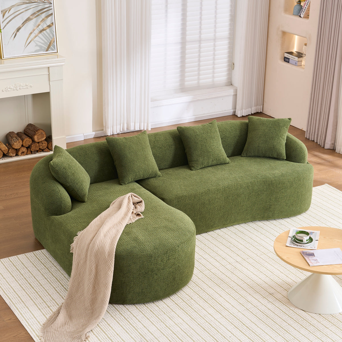 Compression Sponge L-Shape Sectional Sofa with Curved Chaise, Green Modular Chenille Couch No Assembly Required, 30D High-Density for Living Room Bedroom Apartment Lounge.  W2231S00031