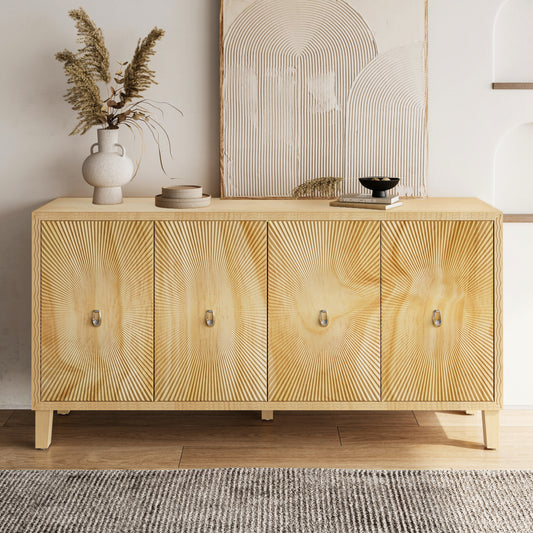Vintage 4 Door Storage Cabinet, Carved Scatter Pattern Dining Sideboard, Large Buffet with Adjustable Shelves, Multifunctional Accent Cabinet Living Room Console Cabinet (Natural)  W757P164929