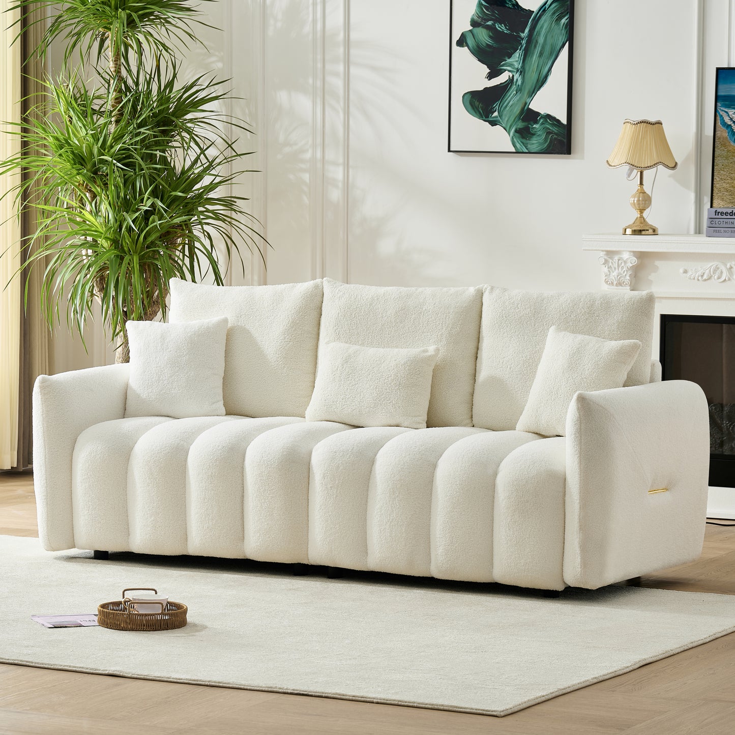 78 inch premium Teddy fabric sofa with 3 back pillows and 3 back cushions Solid wood frame 3 seat sofa with oversized upholstered chair for living room, bedroom, apartment and office78   W2564S00127