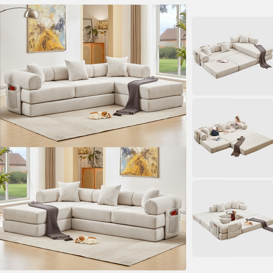 [NEW ARRIVED] [VIDEO PROVIDED] 107'' Cloud sofas, L-Shaped, 7-in-1 Corduroy Modular Sectional Sofa,Upholstered , No Assembly , DIY ,Folding Convertible Out  Sofa Bed,Side Pocket,4-Seat,Oversized,Beige W1628S00018