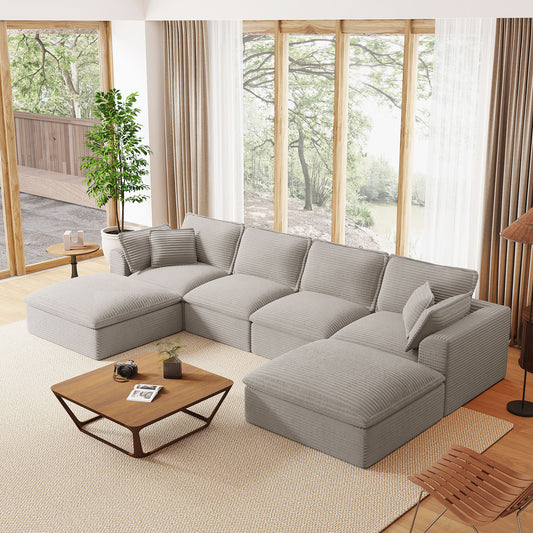142*82' Fully Compressed Modular Sectional Sofa, U Shape with Ottomans, Luxury Corduroy with Extra Width&Depth Cloud Like Soft Cushion, No Assembly Required, for Living Room&Apartment,2 Colors N723S9728E