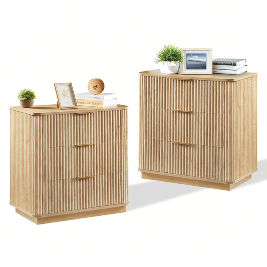 3 Drawers Drasser 2PCS, 27.6'' Wide Modern Chest of Drawers Curved wave Design,Nightstand,Wood Drawer Organizer for Bedroom, Living Room, Hallway, Oak,27.6''W x 15.8''D x 27.4''H. W1820P337285