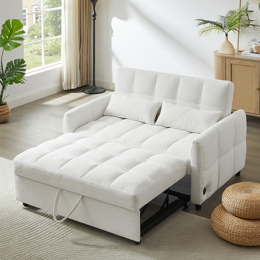52.8' Loveseat Sofa Pull-out Sofa Bed Tufted Sleeper Sofa with an Adjustable Backrest, Three USB Ports and Two Lumbar Pillows for Living Room, Beige  N719S001710A
