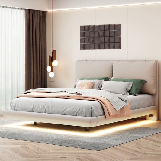 Queen Size Upholstered Platform Bed with Sensor Light and 2 Large Backrests, Stylish Platform Bed with 2 sets of USB Port and Socket on each rear Bed Leg, Beige  SF000064AAA
