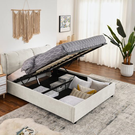 Queen Size Storage Upholstered Hydraulic Platform Bed with Integrated Headboard, Chenille Fabric, Beige  W1413S00060
