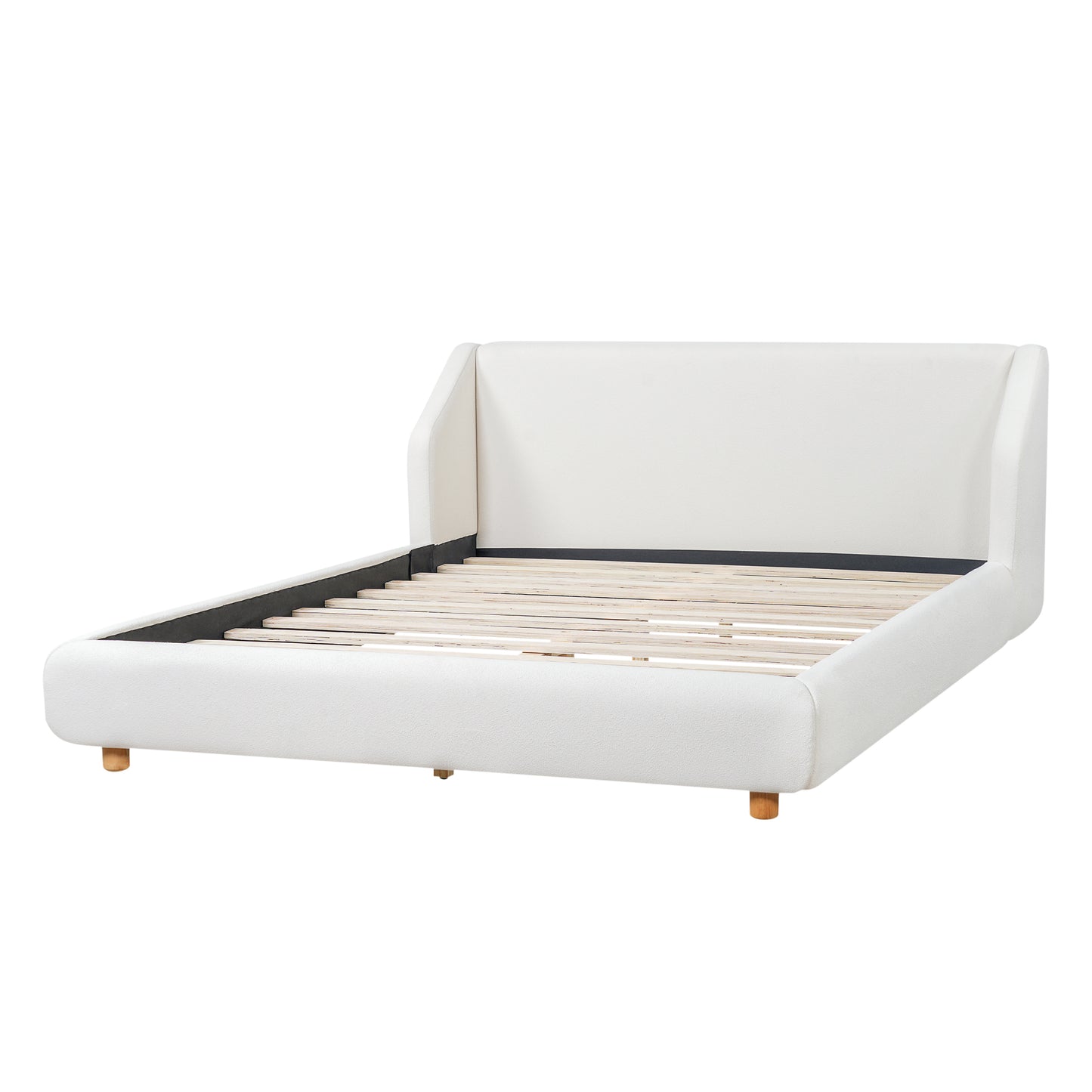 Modern White Bouclé Queen Upholstered Bed Frame with Wide Wingback Headboard, Low Profile Wooden Leg Design, Sturdy Slats, No Box Spring Required, Easy Assembly  N736Q046768W