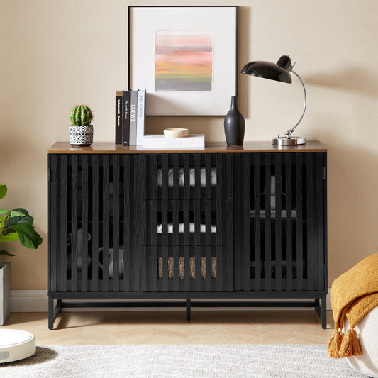 3 Drawer and 4 Shelves Dresser with Slatted Grille Striped Drawer and doors, Modern Style Dresser, High-Quality MDF and Metal Leg W578P193314
